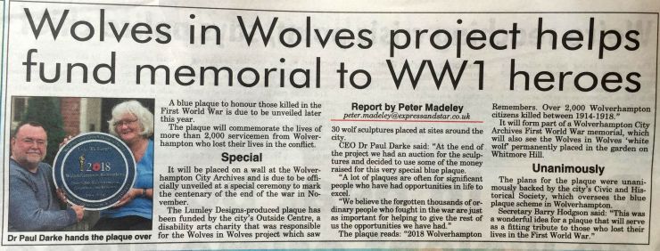 E&S WW1 Blue Plaque Article Sept 2018 newspaper cutting